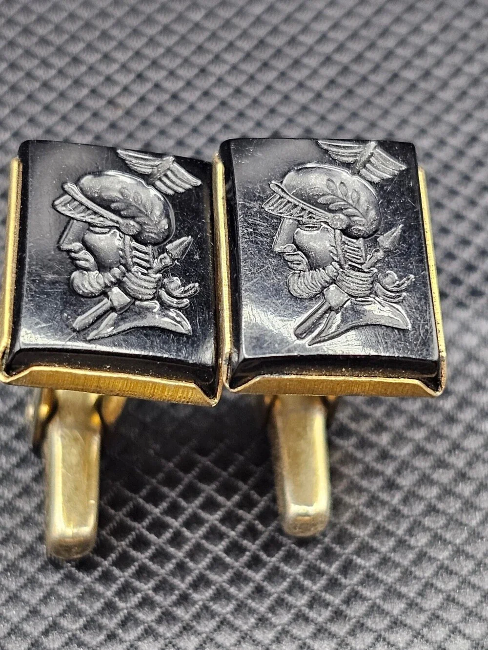 Vintage Black and Gold Cufflinks with Engraved Warrior Profile